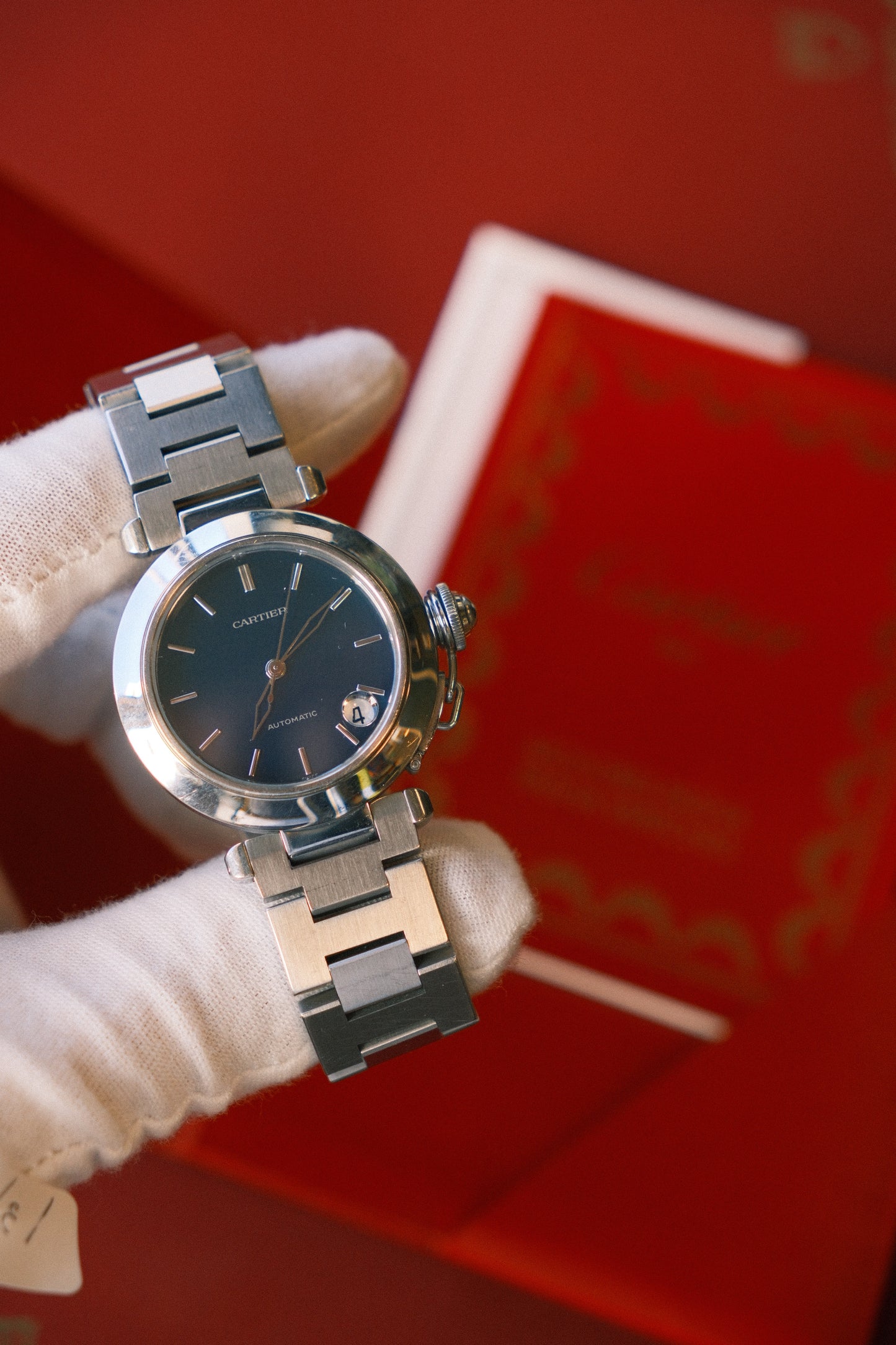 Cartier 2000's Pasha 36mm Navy Dial on Link Steel W31014M7 Papers