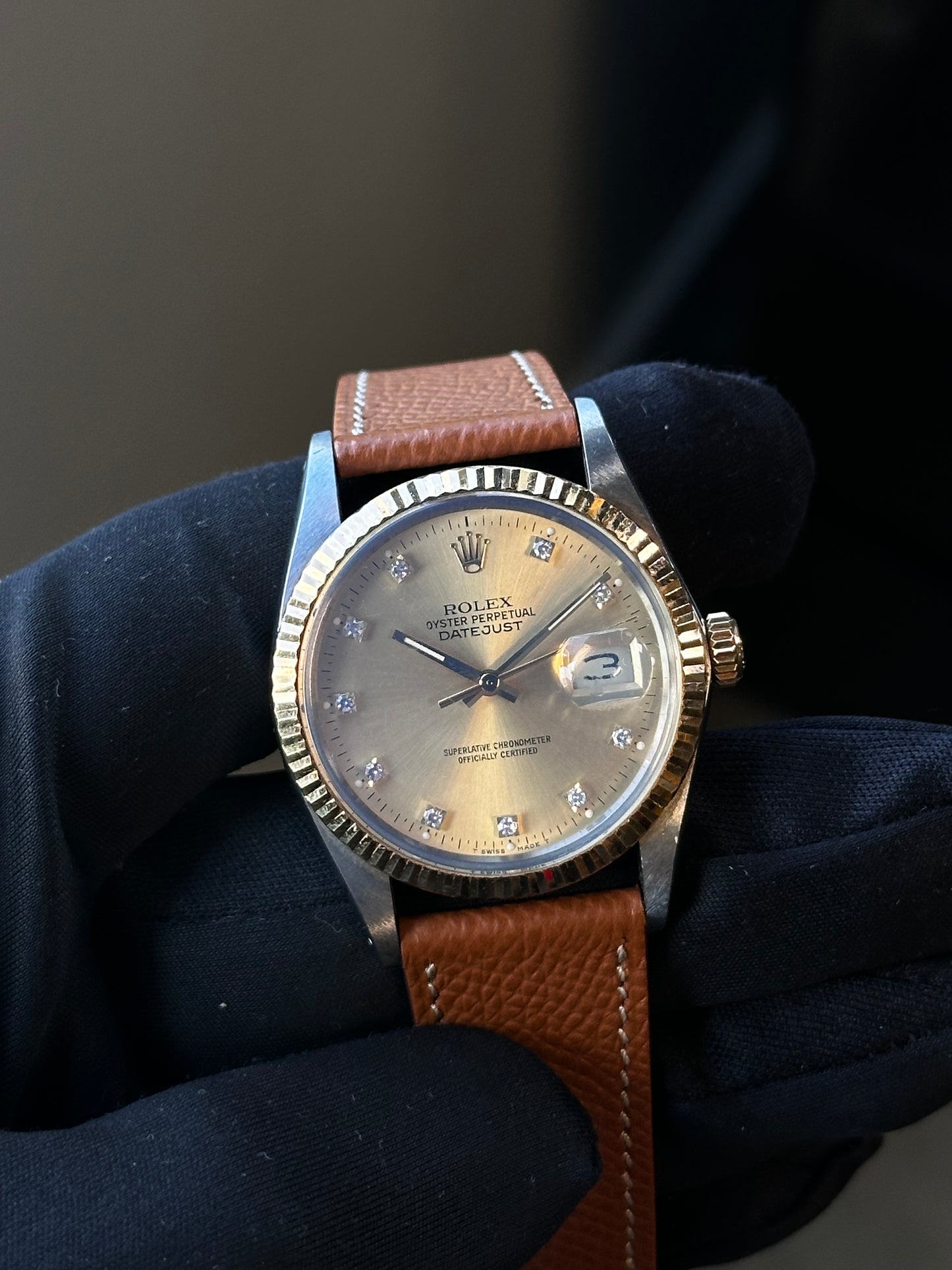 Rolex 1988 Datejust 36mm Champagne Diamond Hour Markers Dial on Leather 16013