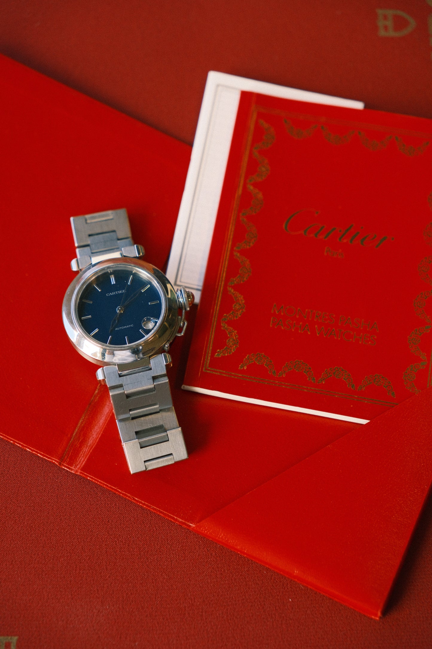 Cartier 2000's Pasha 36mm Navy Dial on Link Steel W31014M7 Papers