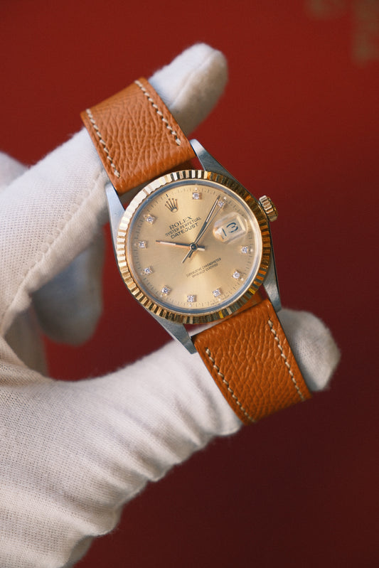 Rolex 1988 Datejust 36mm Champagne Diamond Hour Markers Dial on Leather 16013