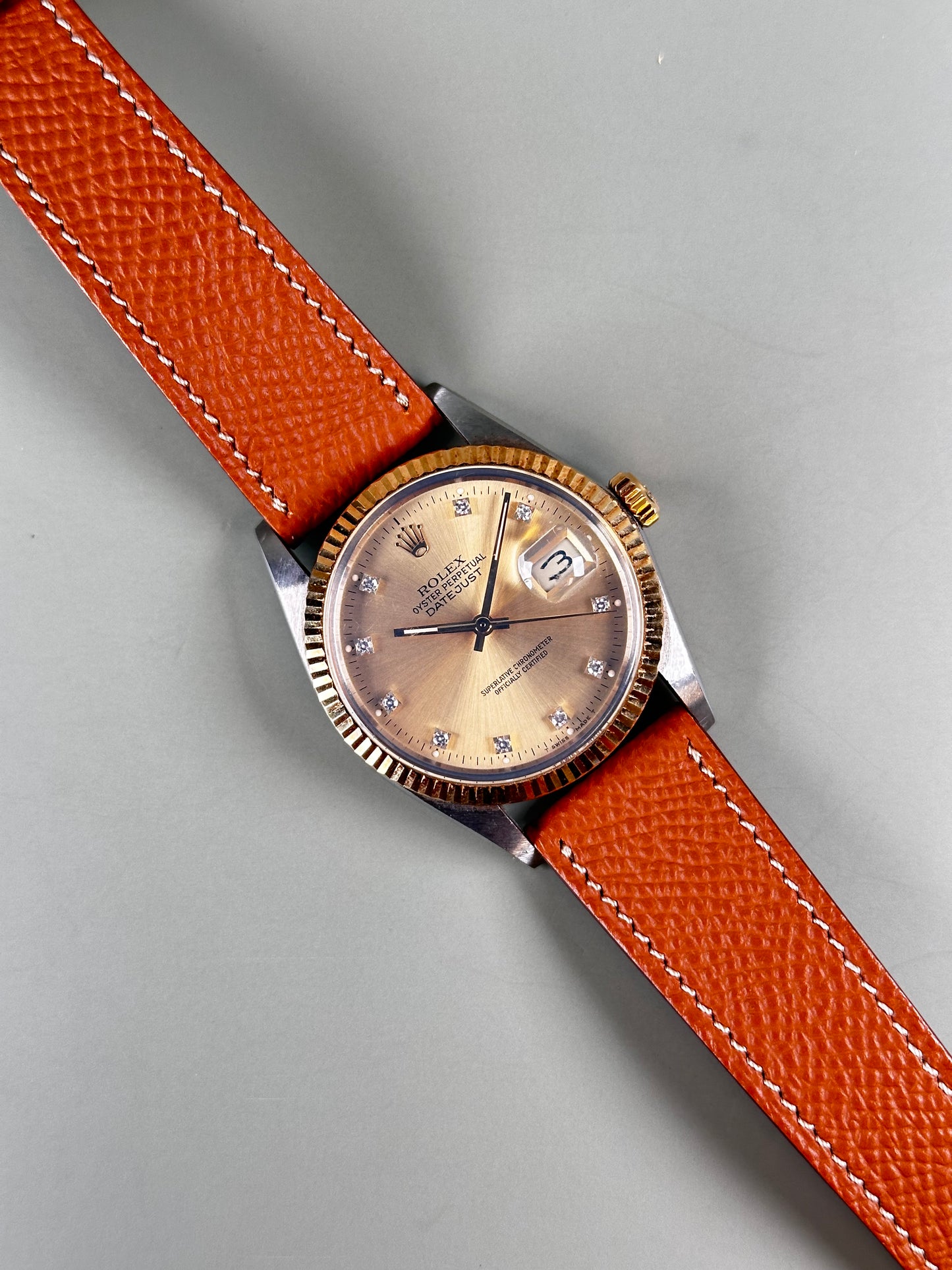 Rolex 1988 Datejust 36mm Champagne Diamond Hour Markers Dial on Leather 16013